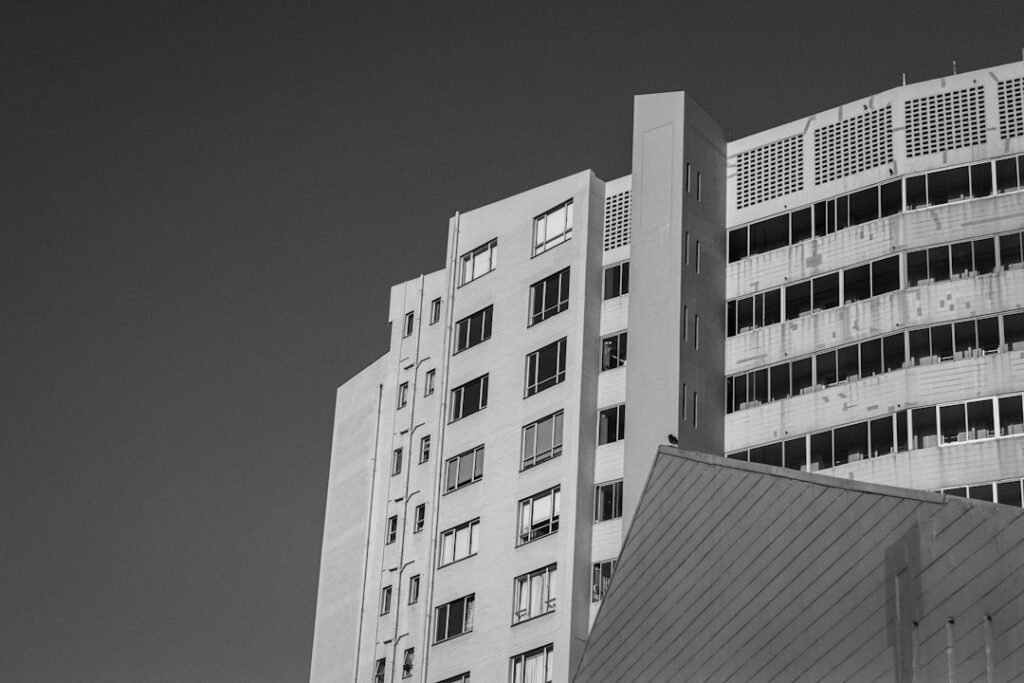 Modern apartment buildings against a clear sky