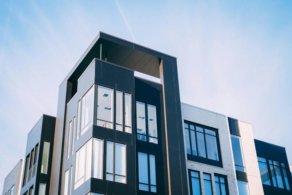 Contemporary building architecture viewed from below